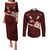 Oxblood Polynesia Couples Matching Puletasi and Long Sleeve Button Shirt Tribal Pattern Tropical Frangipani