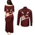 Oxblood Polynesia Couples Matching Puletasi and Long Sleeve Button Shirt Tribal Pattern Tropical Frangipani