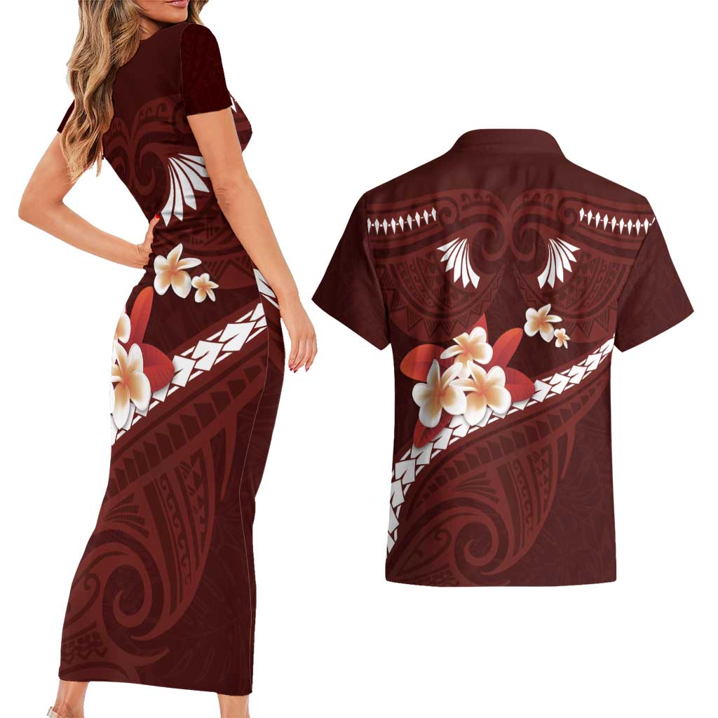 Oxblood Polynesia Couples Matching Short Sleeve Bodycon Dress and Hawaiian Shirt Tribal Pattern Tropical Frangipani LT14 - Polynesian Pride