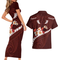 Oxblood Polynesia Couples Matching Short Sleeve Bodycon Dress and Hawaiian Shirt Tribal Pattern Tropical Frangipani LT14 - Polynesian Pride
