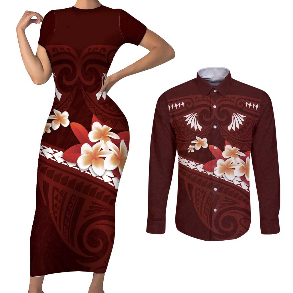 Oxblood Polynesia Couples Matching Short Sleeve Bodycon Dress and Long Sleeve Button Shirt Tribal Pattern Tropical Frangipani LT14 Oxblood - Polynesian Pride