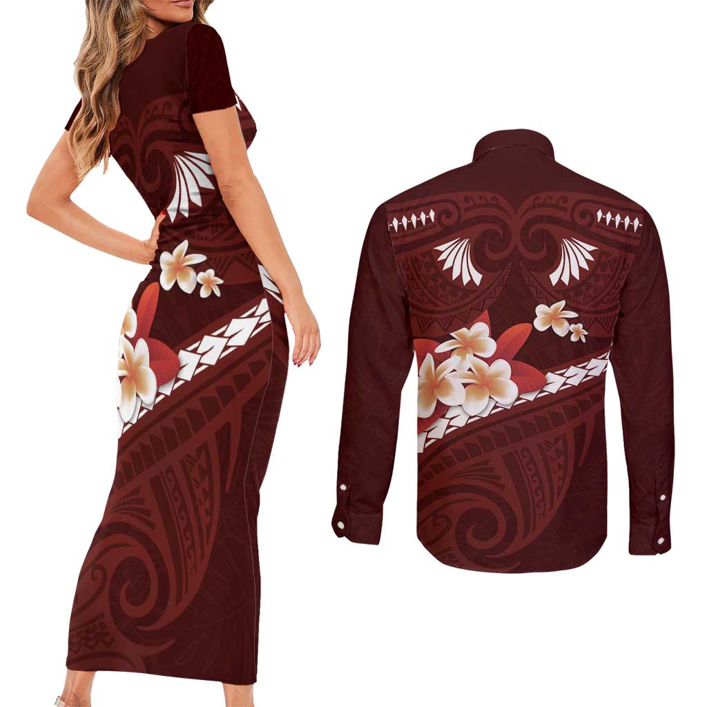 Oxblood Polynesia Couples Matching Short Sleeve Bodycon Dress and Long Sleeve Button Shirt Tribal Pattern Tropical Frangipani LT14 - Polynesian Pride