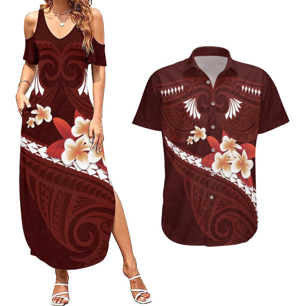 Oxblood Polynesia Couples Matching Summer Maxi Dress and Hawaiian Shirt Tribal Pattern Tropical Frangipani LT14 Oxblood - Polynesian Pride