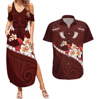 Oxblood Polynesia Couples Matching Summer Maxi Dress and Hawaiian Shirt Tribal Pattern Tropical Frangipani LT14 Oxblood - Polynesian Pride