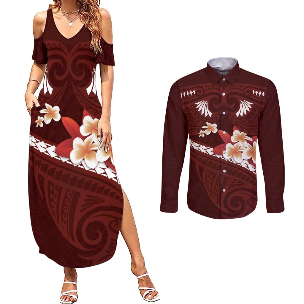 Oxblood Polynesia Couples Matching Summer Maxi Dress and Long Sleeve Button Shirt Tribal Pattern Tropical Frangipani LT14 Oxblood - Polynesian Pride