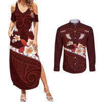 Oxblood Polynesia Couples Matching Summer Maxi Dress and Long Sleeve Button Shirt Tribal Pattern Tropical Frangipani LT14 Oxblood - Polynesian Pride