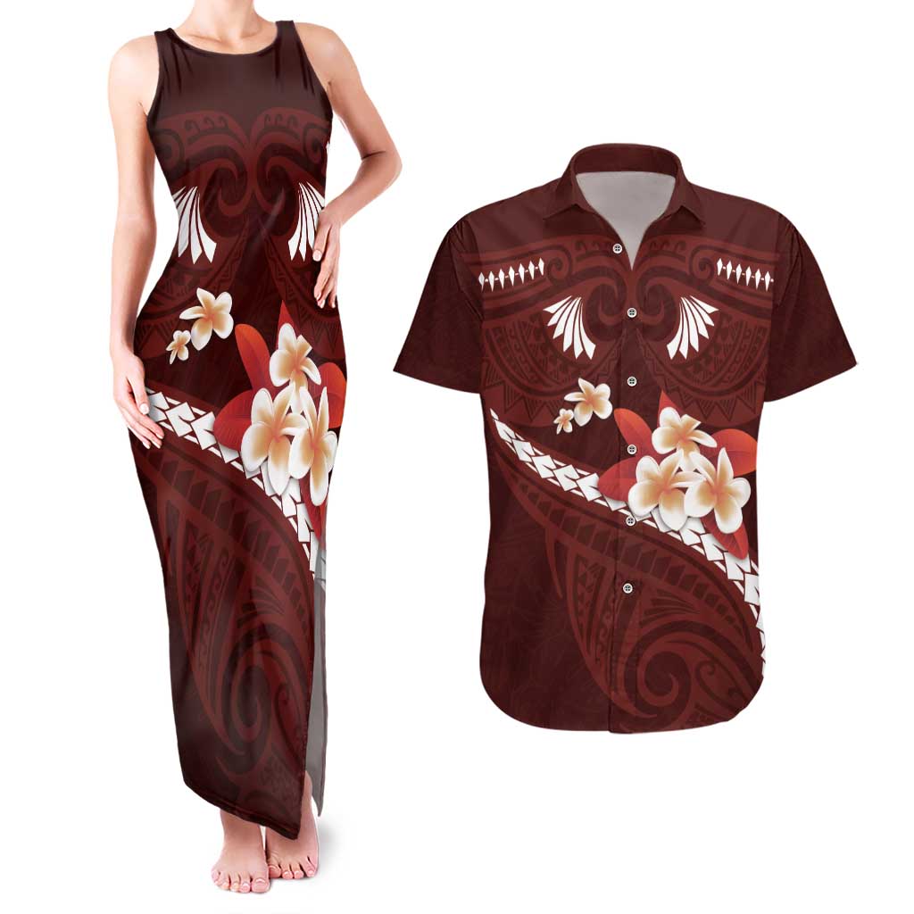 Oxblood Polynesia Couples Matching Tank Maxi Dress and Hawaiian Shirt Tribal Pattern Tropical Frangipani