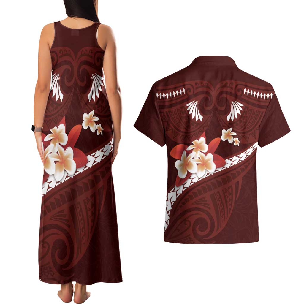 Oxblood Polynesia Couples Matching Tank Maxi Dress and Hawaiian Shirt Tribal Pattern Tropical Frangipani LT14 - Polynesian Pride
