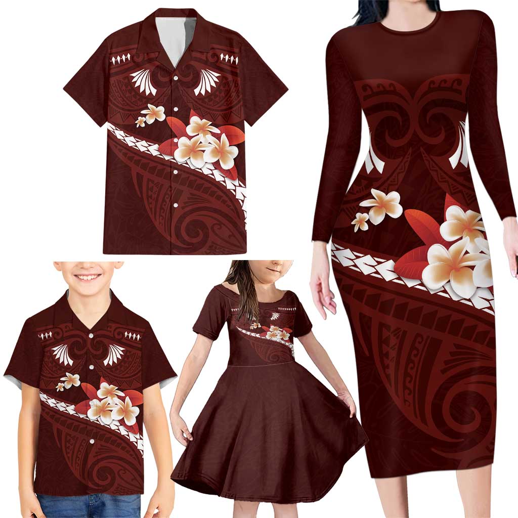 Oxblood Polynesia Family Matching Long Sleeve Bodycon Dress and Hawaiian Shirt Tribal Pattern Tropical Frangipani