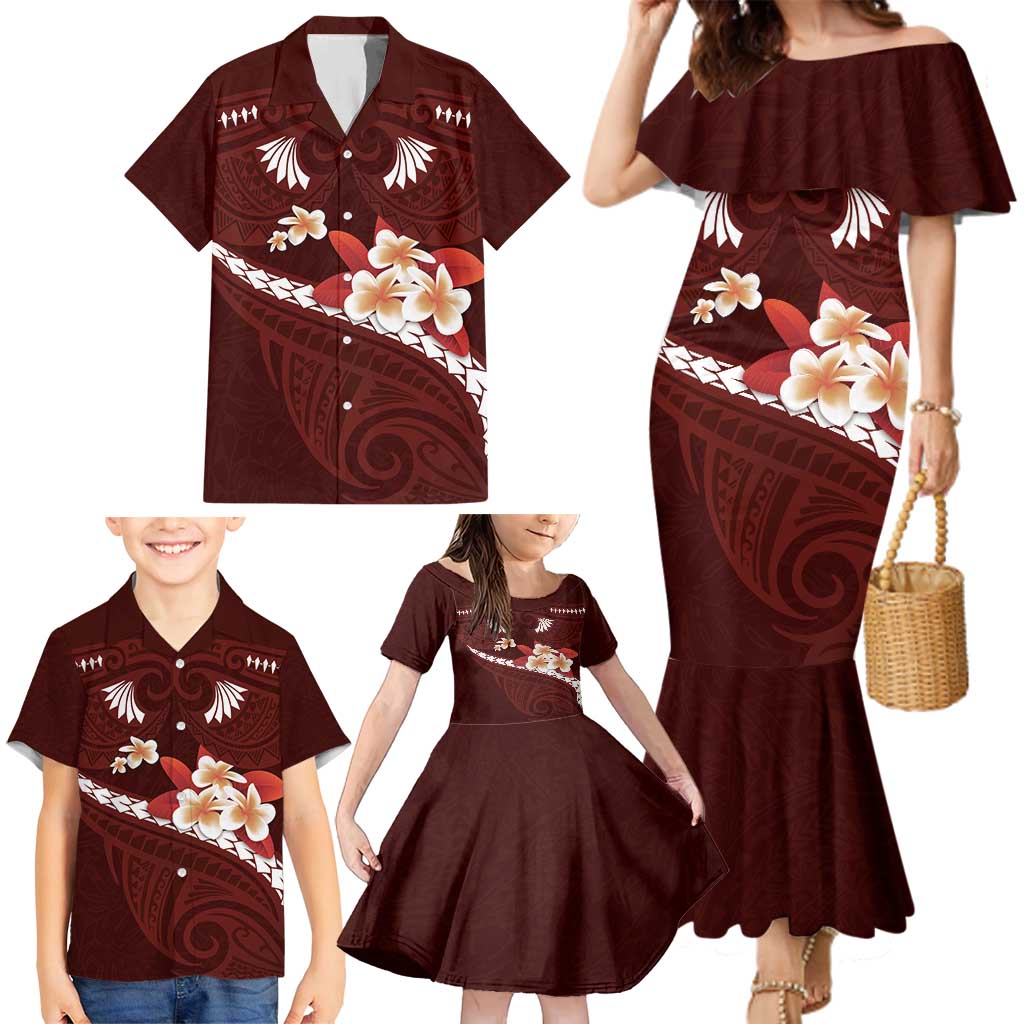 Oxblood Polynesia Family Matching Mermaid Dress and Hawaiian Shirt Tribal Pattern Tropical Frangipani