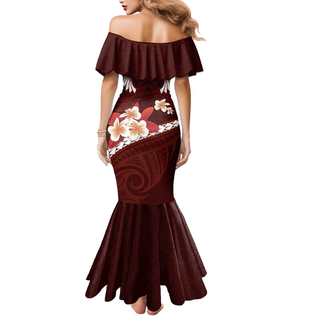 Oxblood Polynesia Family Matching Mermaid Dress and Hawaiian Shirt Tribal Pattern Tropical Frangipani