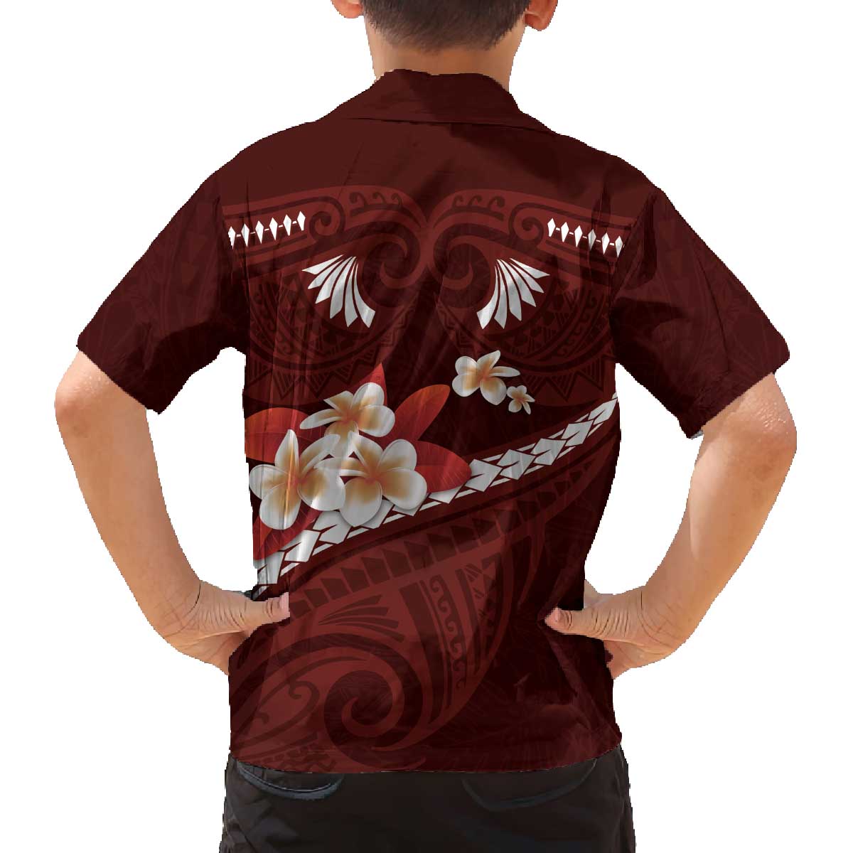 Oxblood Polynesia Family Matching Off The Shoulder Long Sleeve Dress and Hawaiian Shirt Tribal Pattern Tropical Frangipani
