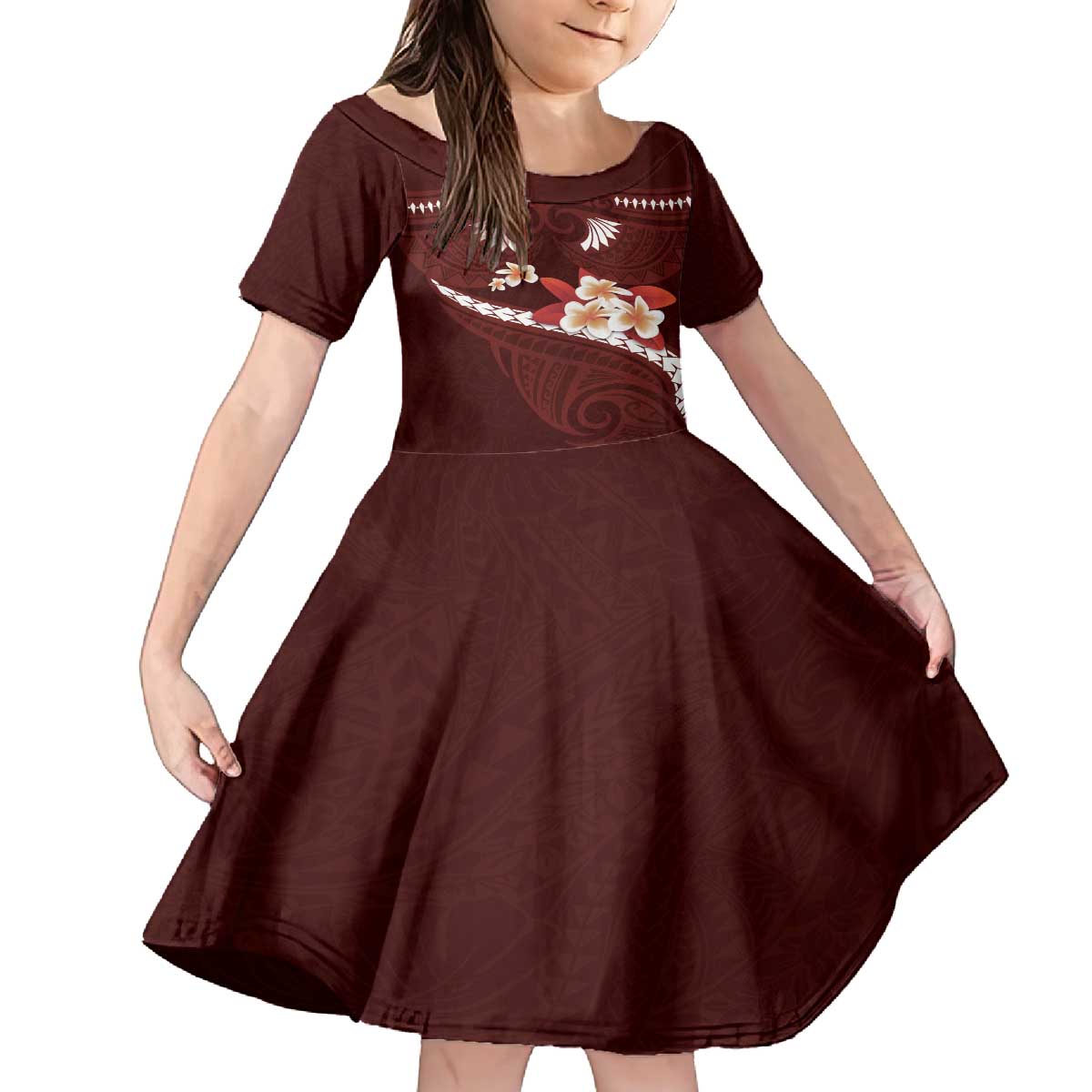 Oxblood Polynesia Family Matching Off The Shoulder Long Sleeve Dress and Hawaiian Shirt Tribal Pattern Tropical Frangipani