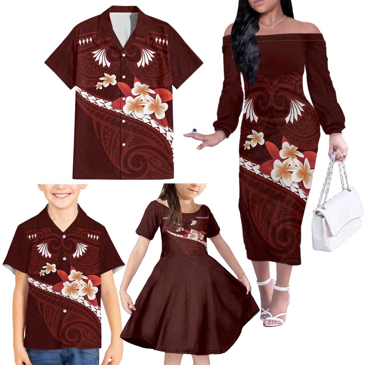 Oxblood Polynesia Family Matching Off The Shoulder Long Sleeve Dress and Hawaiian Shirt Tribal Pattern Tropical Frangipani