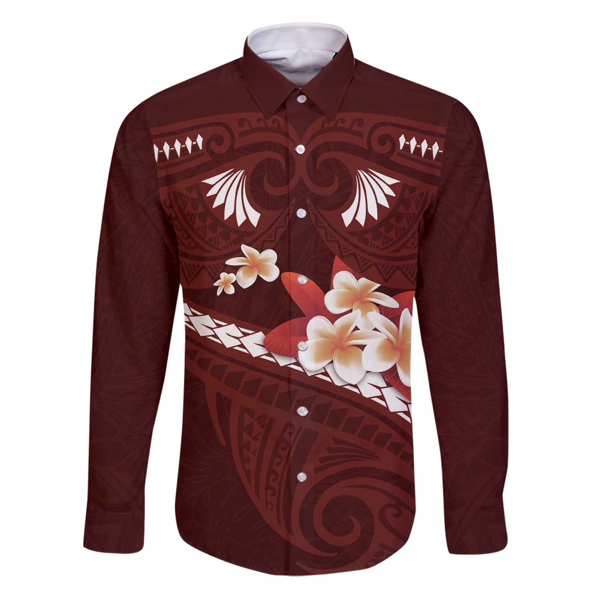 Oxblood Polynesia Family Matching Off The Shoulder Long Sleeve Dress and Hawaiian Shirt Tribal Pattern Tropical Frangipani