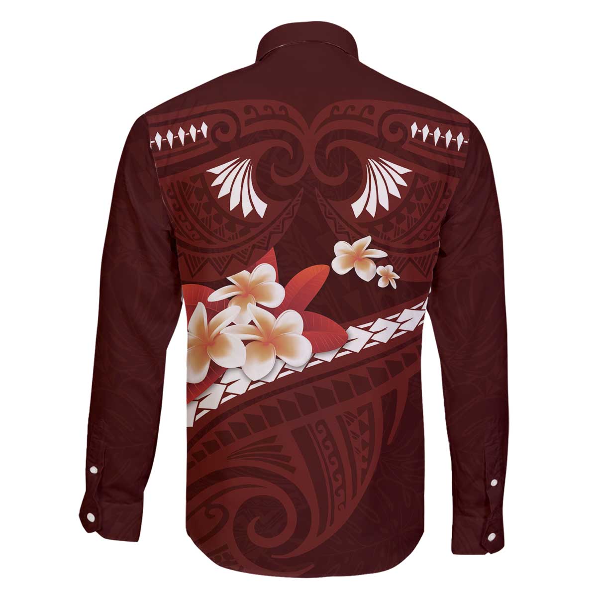 Oxblood Polynesia Family Matching Off The Shoulder Long Sleeve Dress and Hawaiian Shirt Tribal Pattern Tropical Frangipani