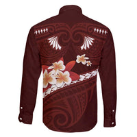 Oxblood Polynesia Family Matching Off The Shoulder Long Sleeve Dress and Hawaiian Shirt Tribal Pattern Tropical Frangipani