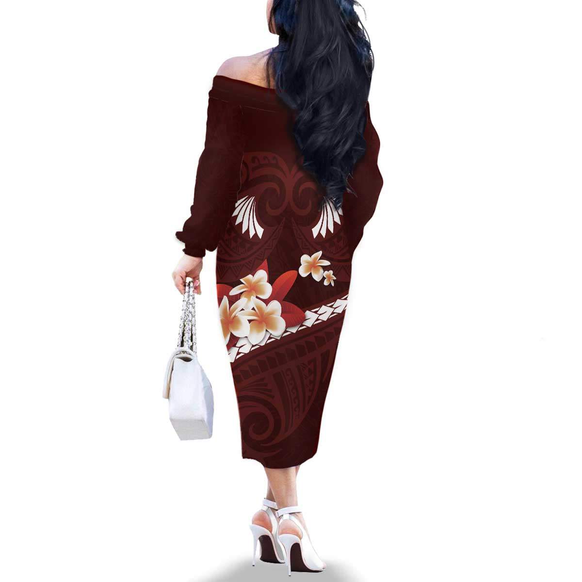Oxblood Polynesia Family Matching Off The Shoulder Long Sleeve Dress and Hawaiian Shirt Tribal Pattern Tropical Frangipani