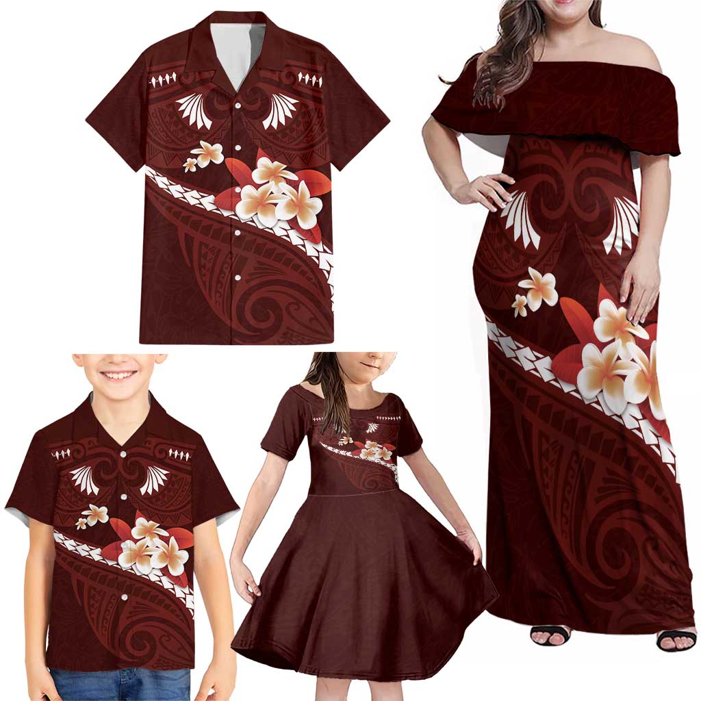 Oxblood Polynesia Family Matching Off Shoulder Maxi Dress and Hawaiian Shirt Tribal Pattern Tropical Frangipani