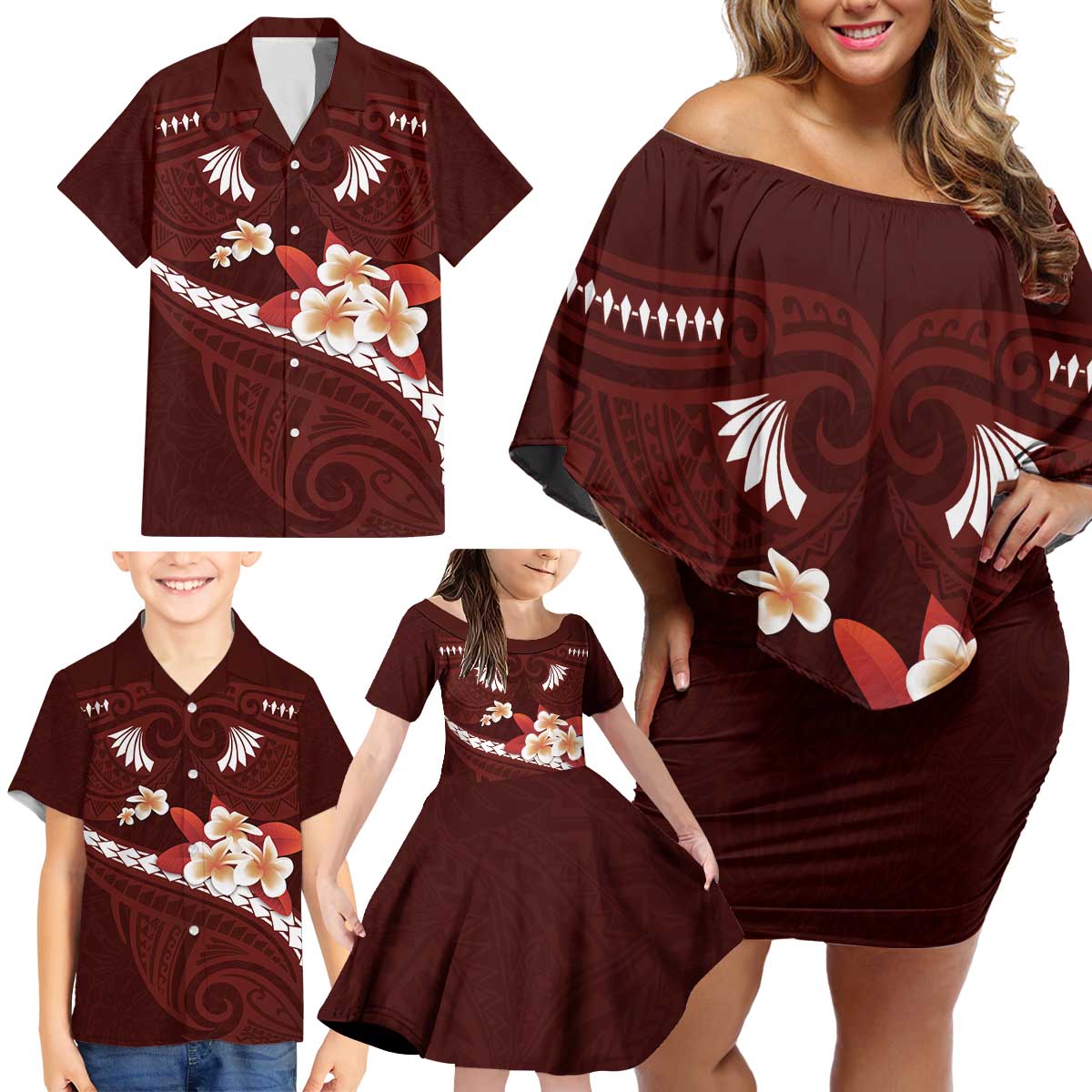 Oxblood Polynesia Family Matching Off Shoulder Short Dress and Hawaiian Shirt Tribal Pattern Tropical Frangipani LT14 - Polynesian Pride