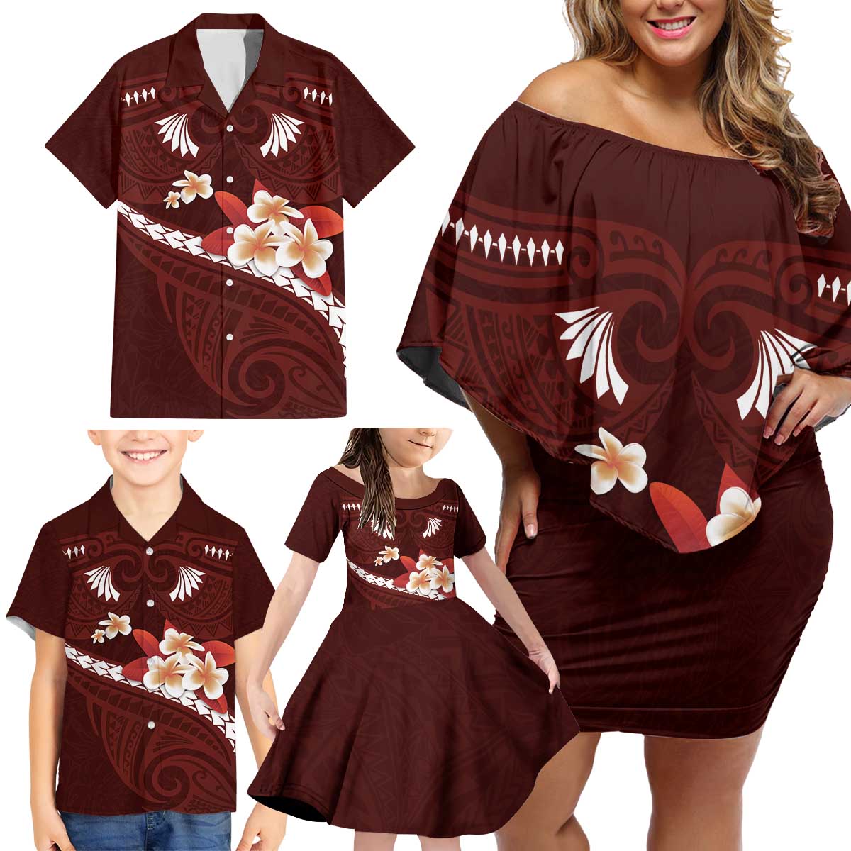 Oxblood Polynesia Family Matching Off Shoulder Short Dress and Hawaiian Shirt Tribal Pattern Tropical Frangipani