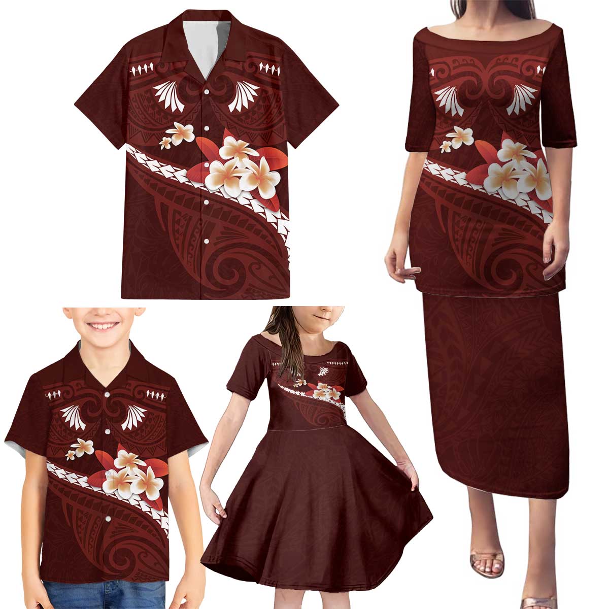 Oxblood Polynesia Family Matching Puletasi and Hawaiian Shirt Tribal Pattern Tropical Frangipani