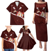 Oxblood Polynesia Family Matching Puletasi and Hawaiian Shirt Tribal Pattern Tropical Frangipani LT14 - Polynesian Pride