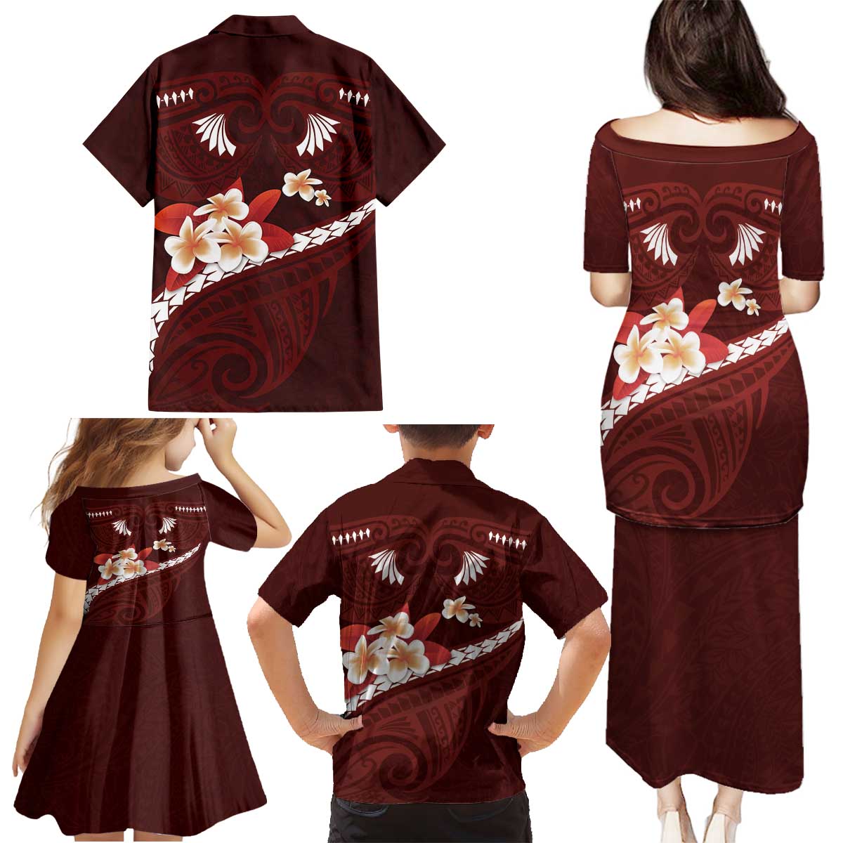 Oxblood Polynesia Family Matching Puletasi and Hawaiian Shirt Tribal Pattern Tropical Frangipani LT14 - Polynesian Pride