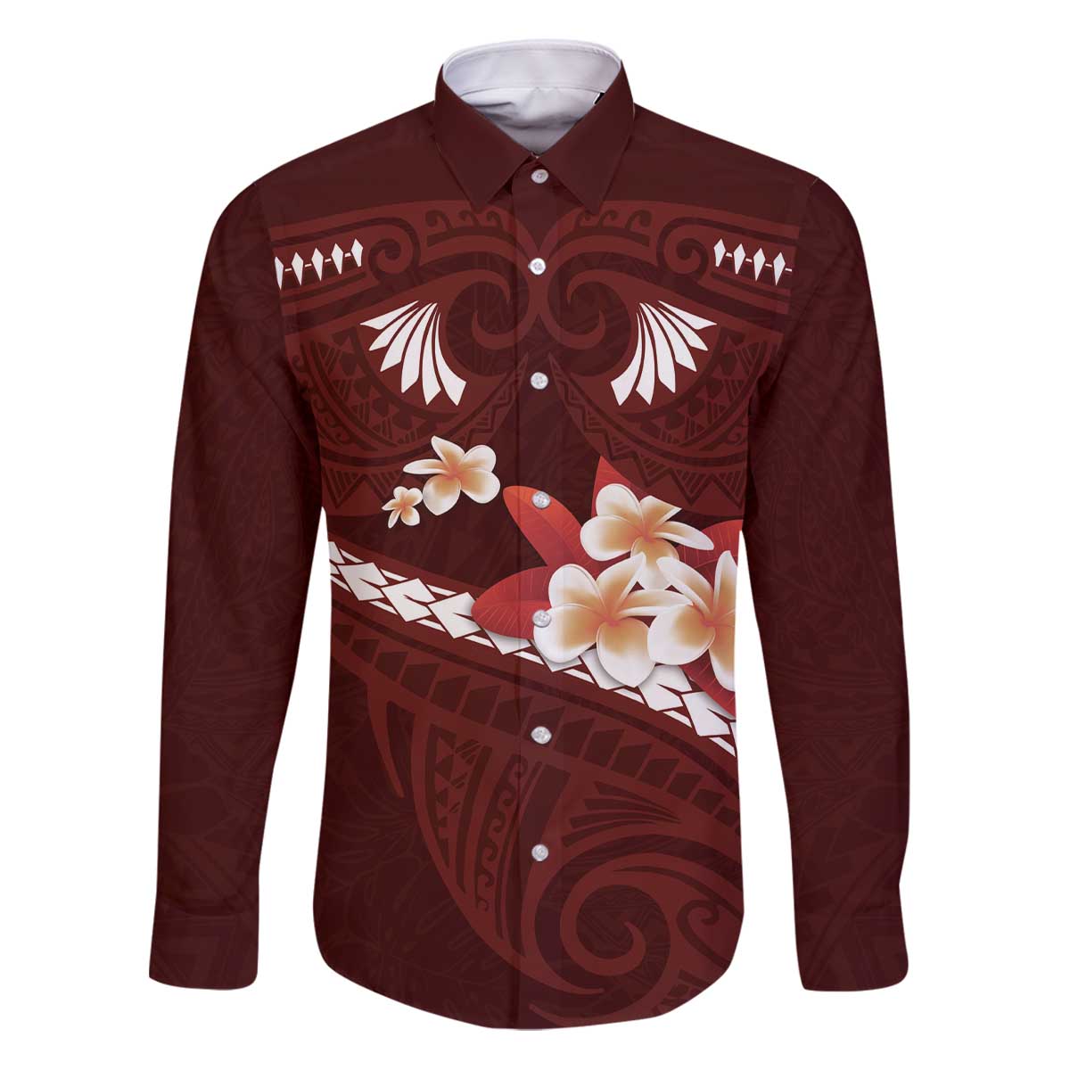 Oxblood Polynesia Family Matching Puletasi and Hawaiian Shirt Tribal Pattern Tropical Frangipani LT14 Dad's Shirt - Long Sleeve Oxblood - Polynesian Pride