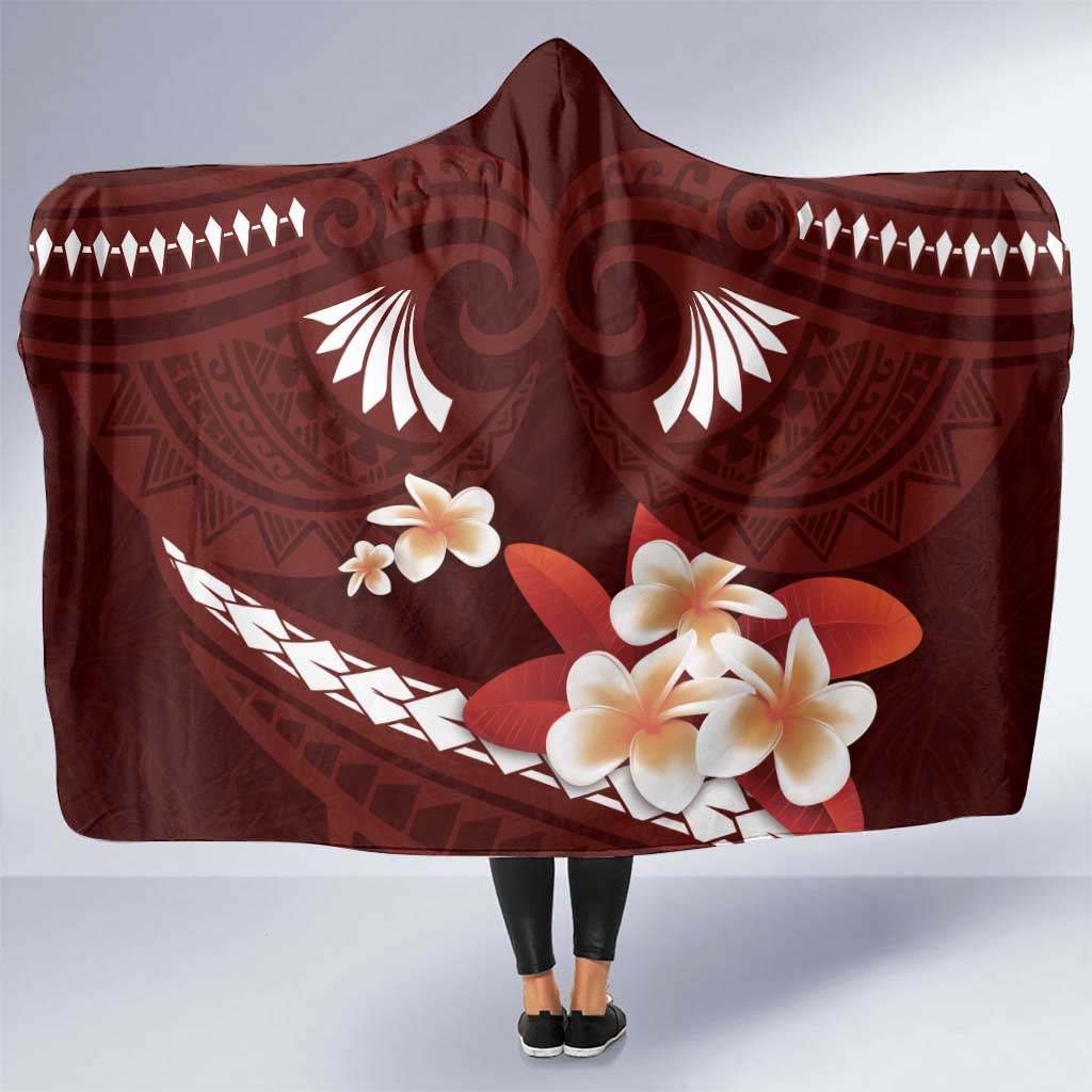 Oxblood Polynesia Hooded Blanket Tribal Pattern Tropical Frangipani