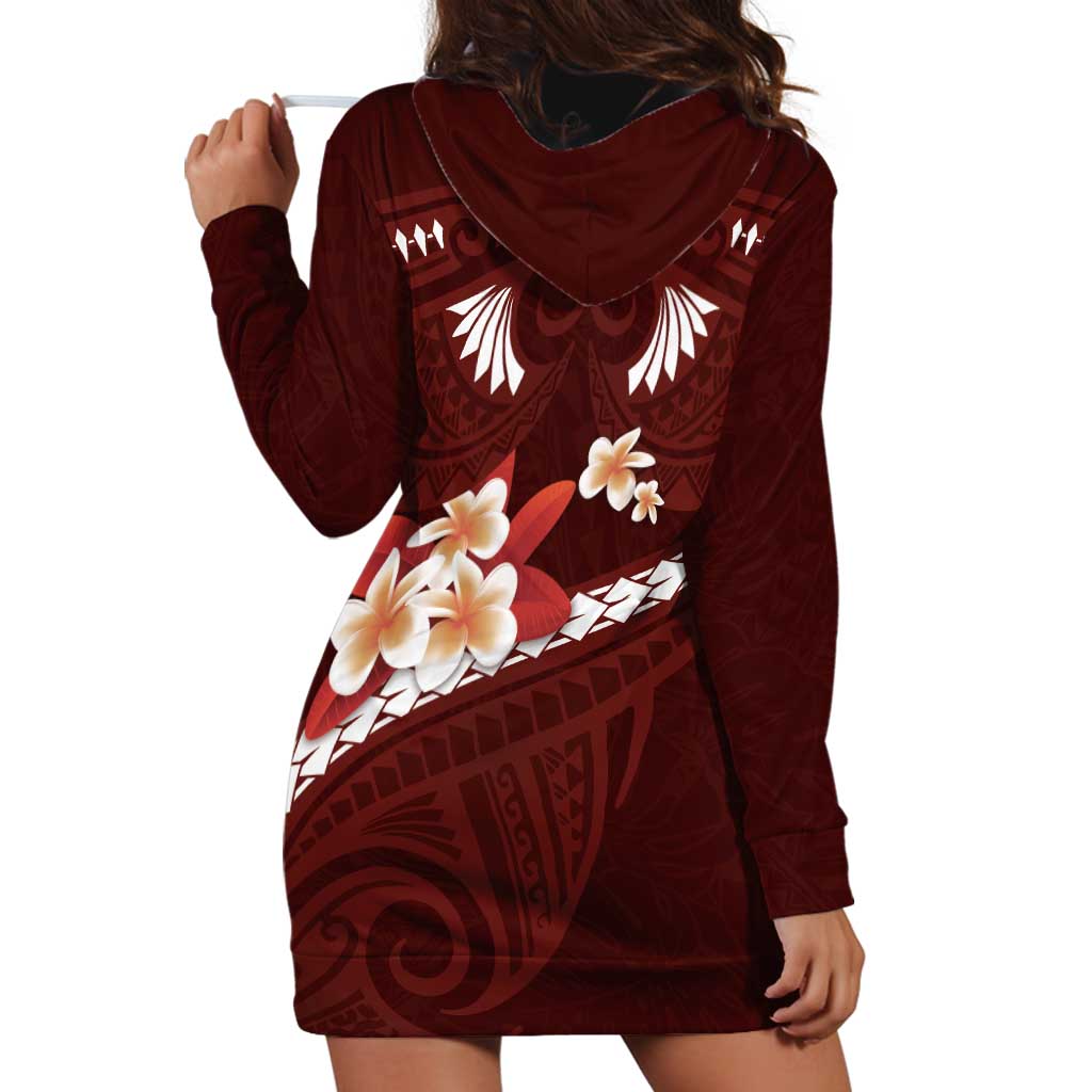 Oxblood Polynesia Hoodie Dress Tribal Pattern Tropical Frangipani LT14 - Polynesian Pride