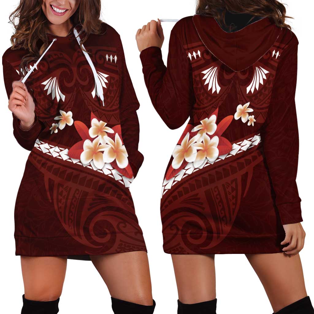 Oxblood Polynesia Hoodie Dress Tribal Pattern Tropical Frangipani LT14 - Polynesian Pride