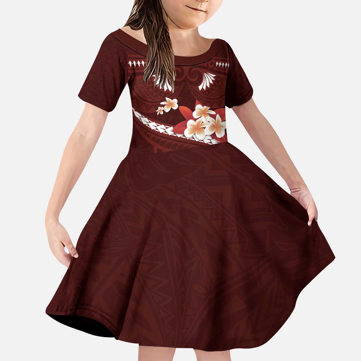 Oxblood Polynesia Kid Short Sleeve Dress Tribal Pattern Tropical Frangipani