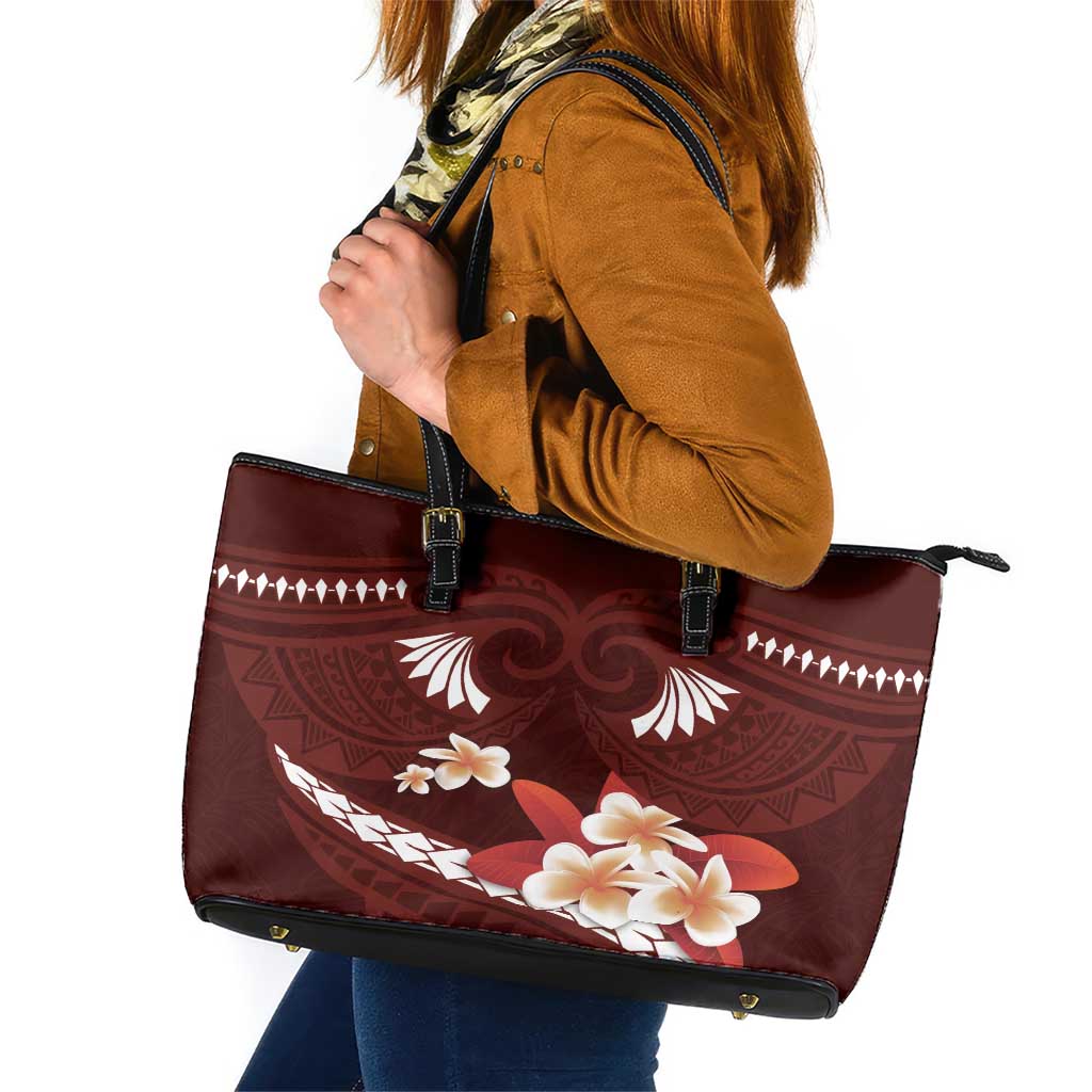 Oxblood Polynesia Leather Tote Bag Tribal Pattern Tropical Frangipani