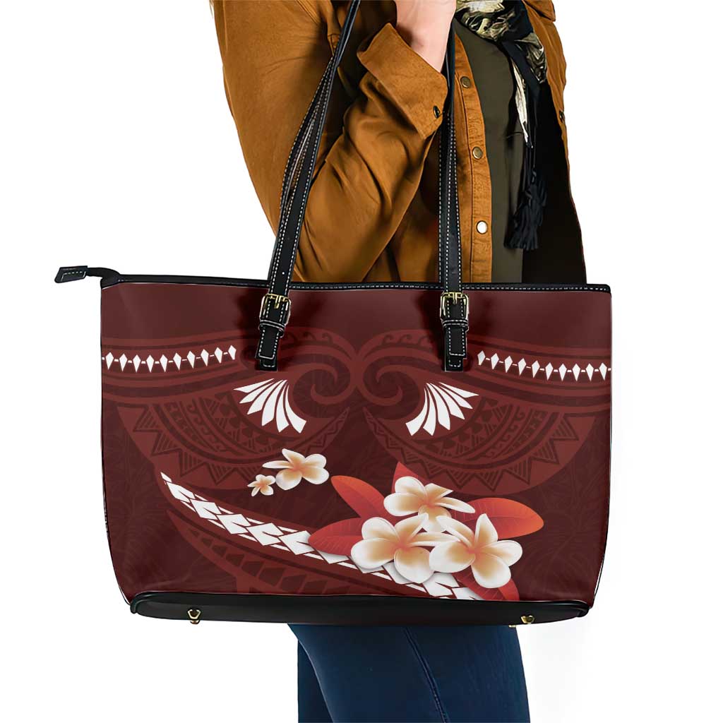 Oxblood Polynesia Leather Tote Bag Tribal Pattern Tropical Frangipani LT14 - Polynesian Pride