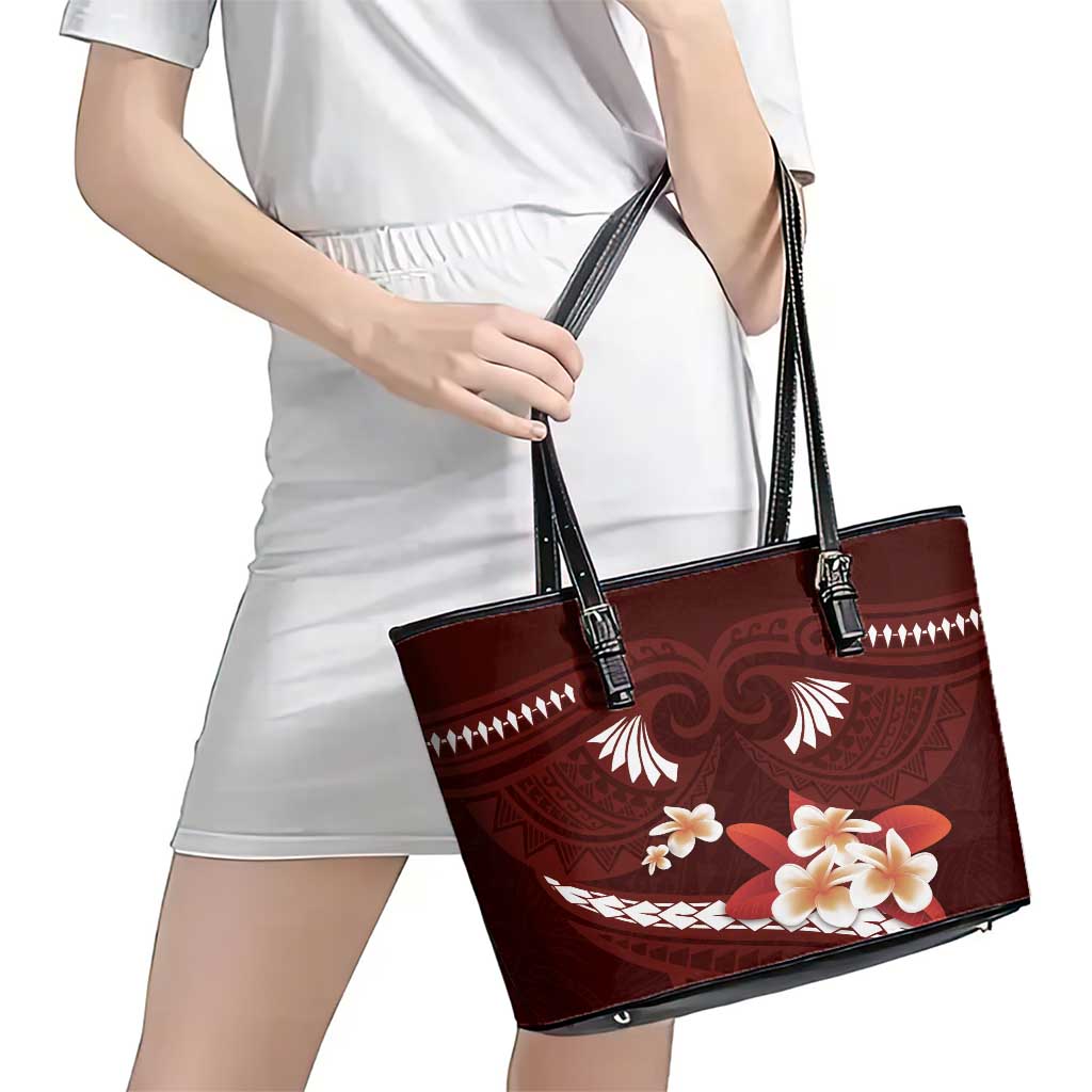 Oxblood Polynesia Leather Tote Bag Tribal Pattern Tropical Frangipani LT14 - Polynesian Pride
