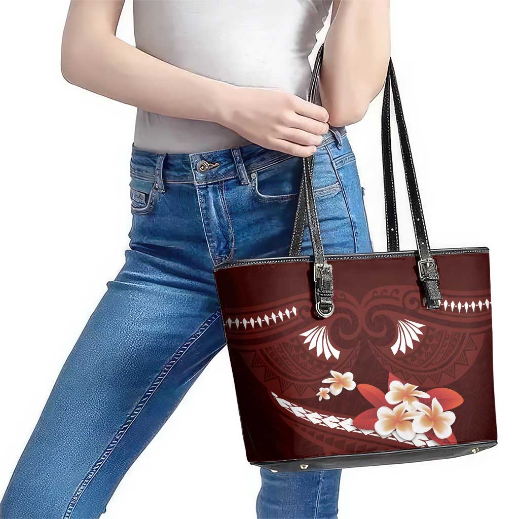 Oxblood Polynesia Leather Tote Bag Tribal Pattern Tropical Frangipani LT14 - Polynesian Pride