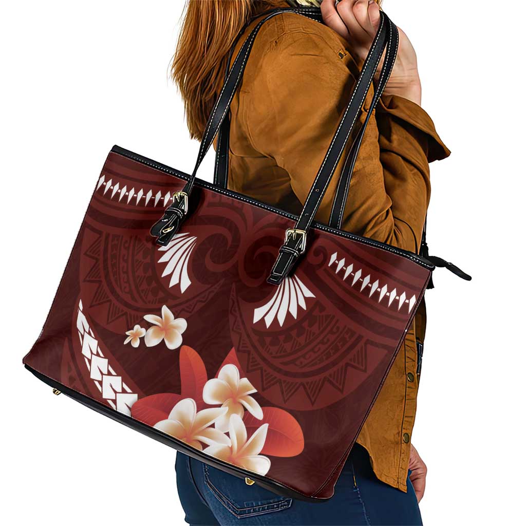 Oxblood Polynesia Leather Tote Bag Tribal Pattern Tropical Frangipani LT14 - Polynesian Pride