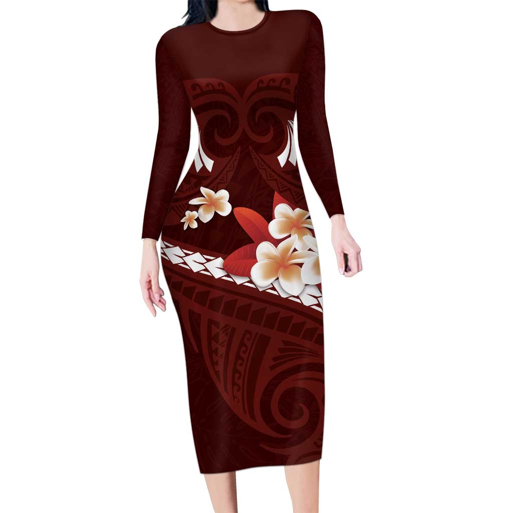 Oxblood Polynesia Long Sleeve Bodycon Dress Tribal Pattern Tropical Frangipani