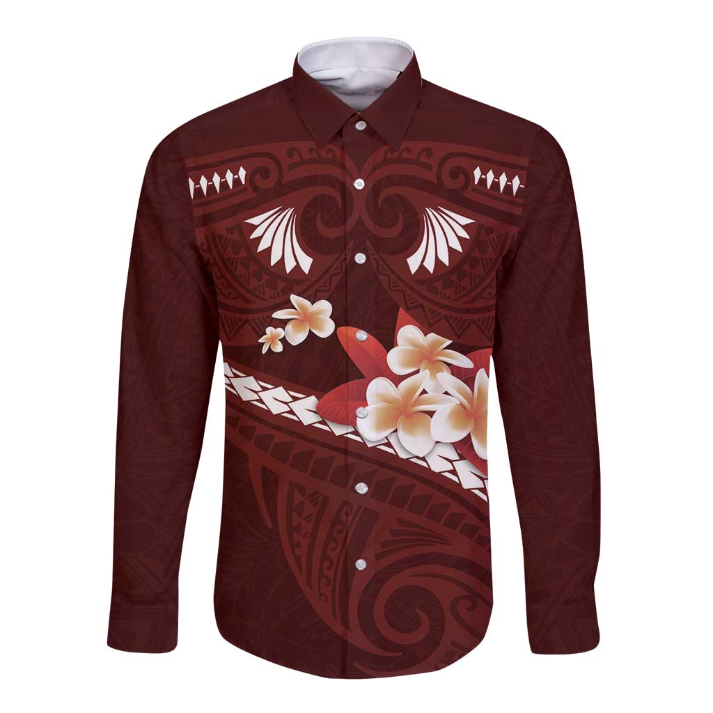 Oxblood Polynesia Long Sleeve Button Shirt Tribal Pattern Tropical Frangipani