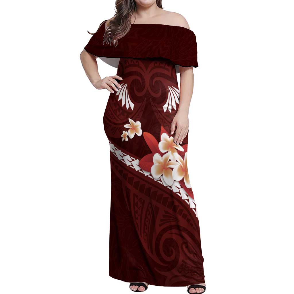 Oxblood Polynesia Off Shoulder Maxi Dress Tribal Pattern Tropical Frangipani LT14 Women Oxblood - Polynesian Pride