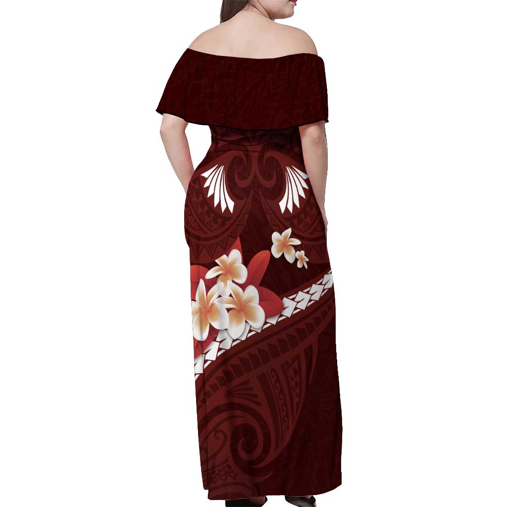 Oxblood Polynesia Off Shoulder Maxi Dress Tribal Pattern Tropical Frangipani LT14 - Polynesian Pride
