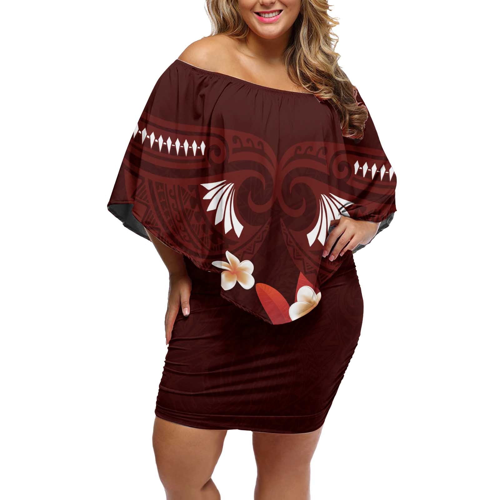 Oxblood Polynesia Off Shoulder Short Dress Tribal Pattern Tropical Frangipani LT14 Women Oxblood - Polynesian Pride