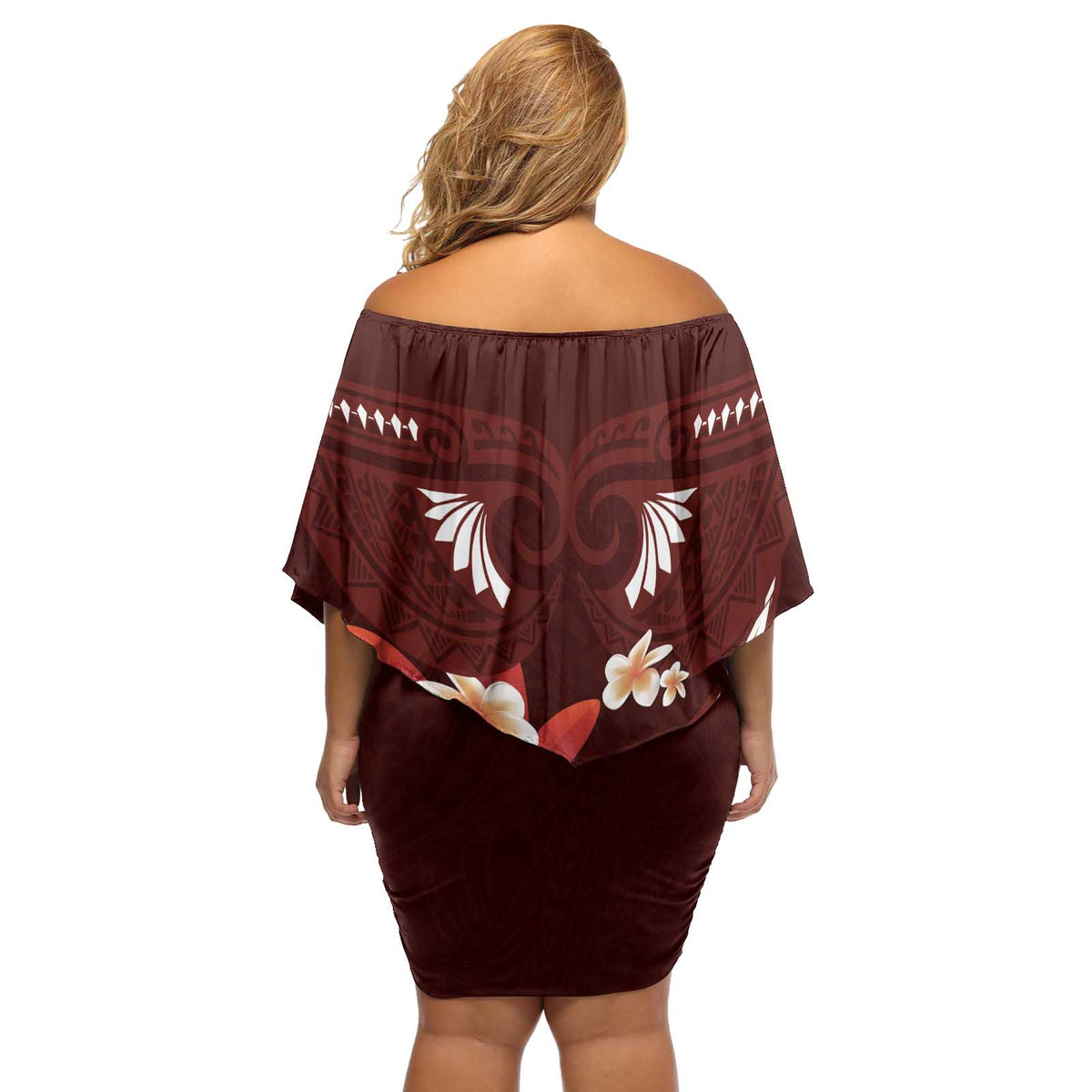 Oxblood Polynesia Off Shoulder Short Dress Tribal Pattern Tropical Frangipani LT14 - Polynesian Pride