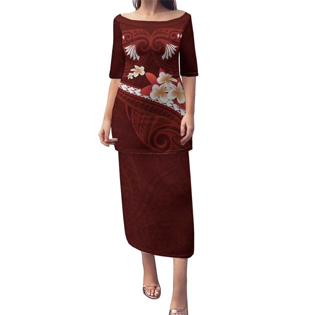 Oxblood Polynesia Puletasi Tribal Pattern Tropical Frangipani LT14 Long Dress Oxblood - Polynesian Pride