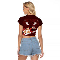 Oxblood Polynesia Raglan Cropped T Shirt Tribal Pattern Tropical Frangipani