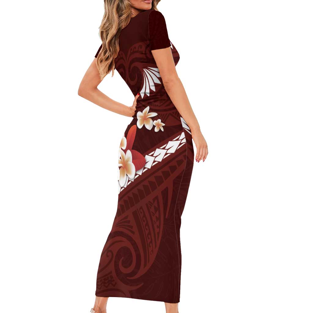 Oxblood Polynesia Short Sleeve Bodycon Dress Tribal Pattern Tropical Frangipani