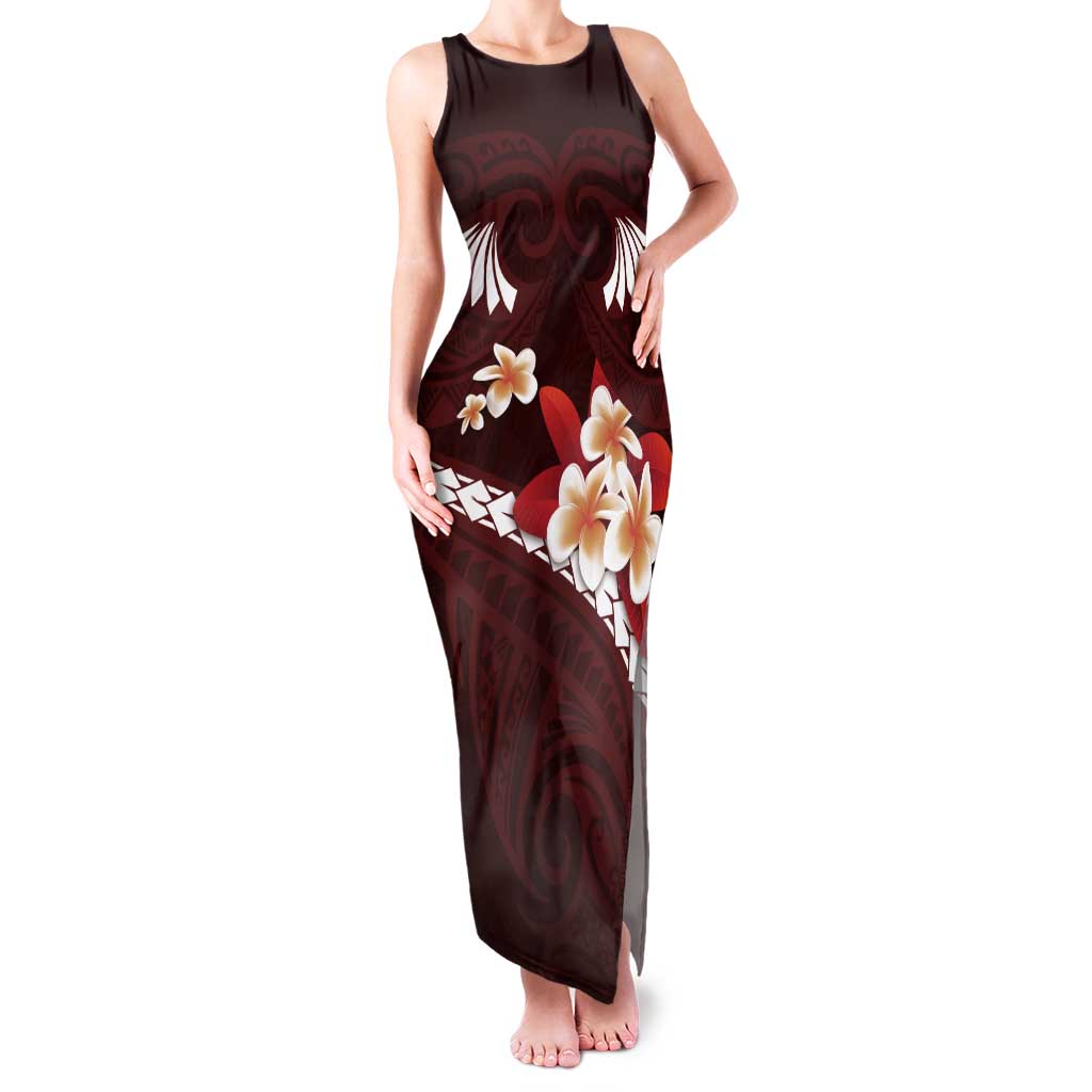 Oxblood Polynesia Tank Maxi Dress Tribal Pattern Tropical Frangipani LT14 Women Oxblood - Polynesian Pride