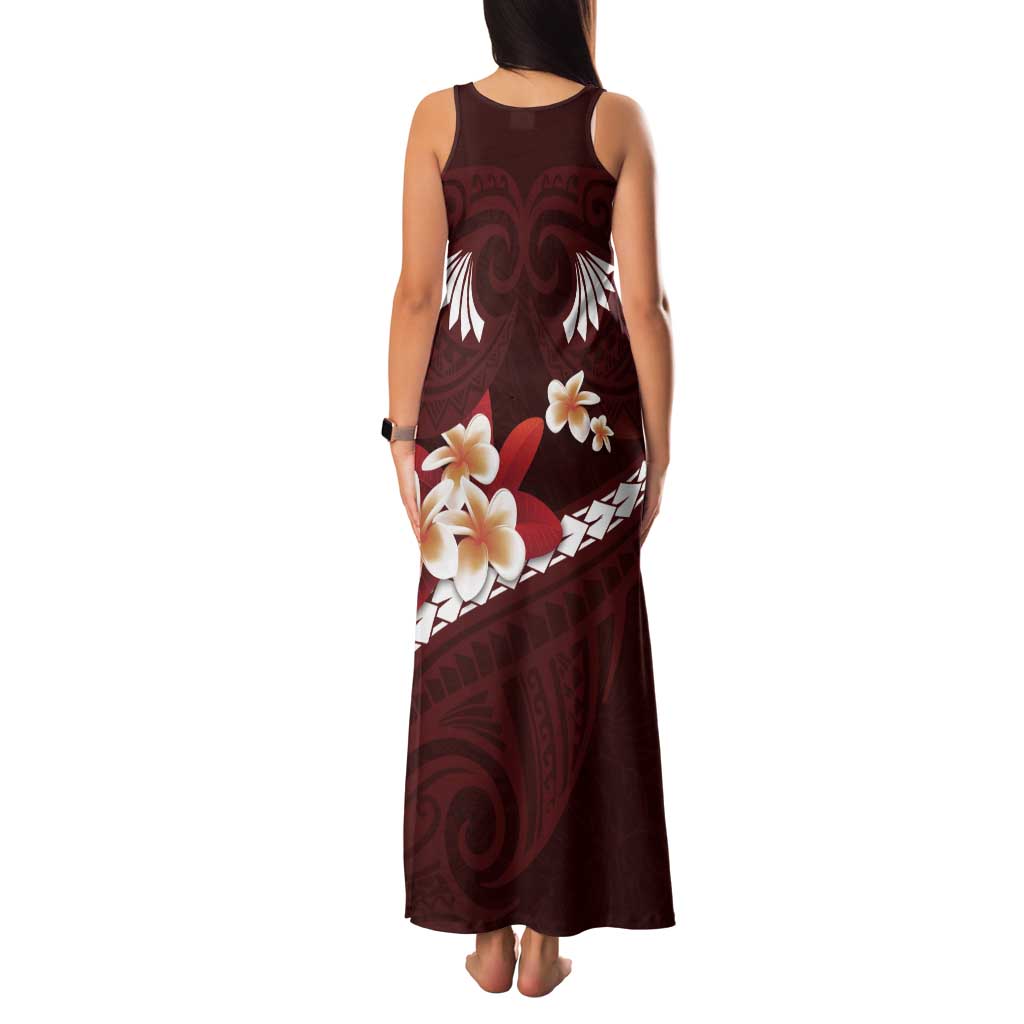 Oxblood Polynesia Tank Maxi Dress Tribal Pattern Tropical Frangipani LT14 - Polynesian Pride