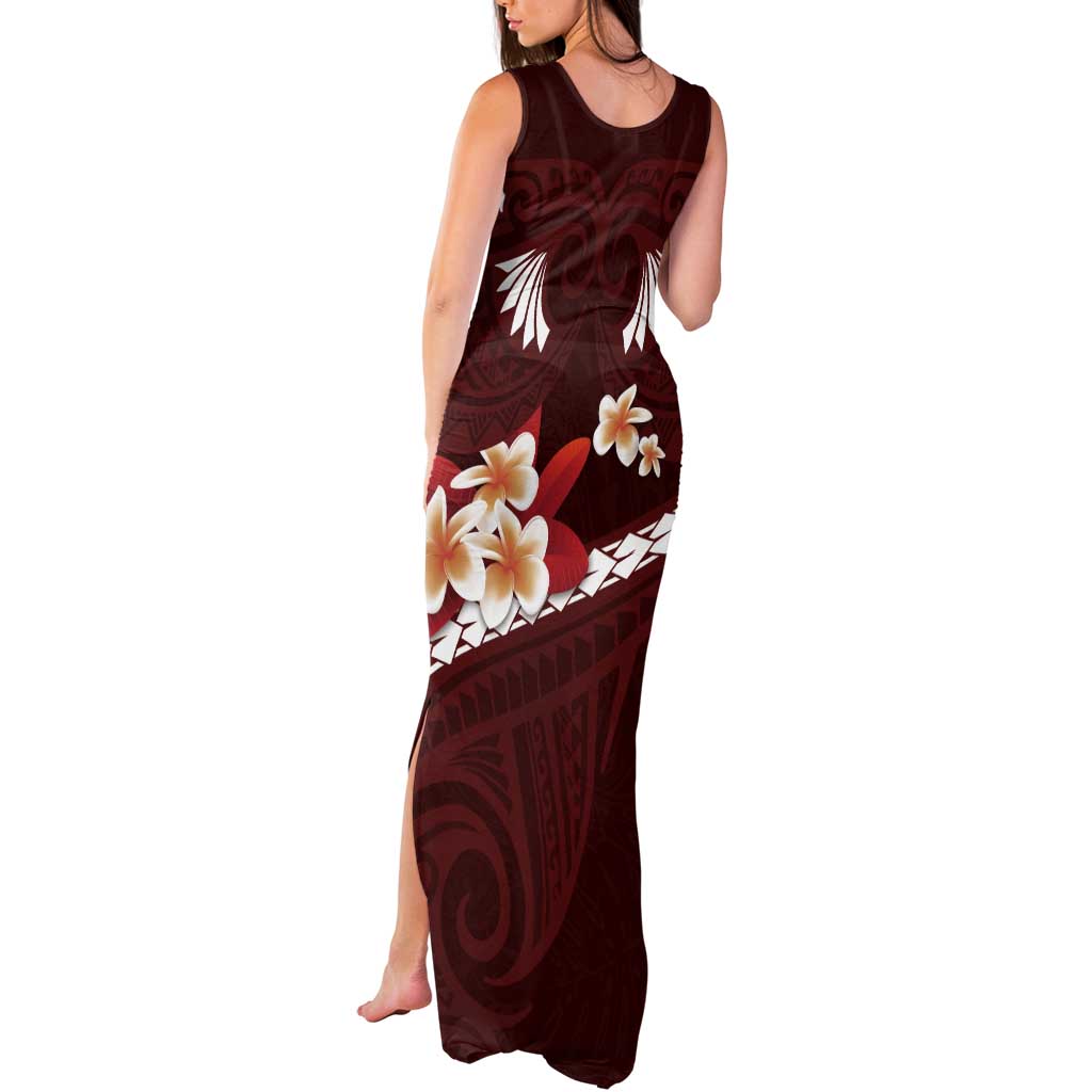 Oxblood Polynesia Tank Maxi Dress Tribal Pattern Tropical Frangipani LT14 - Polynesian Pride